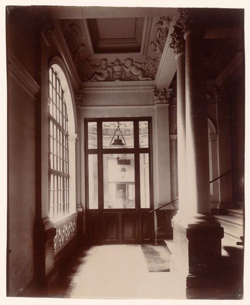Hôtel de Beauvais: Interior view of entrance and stairs, looking out to courtyard entrance portico, Paris, France