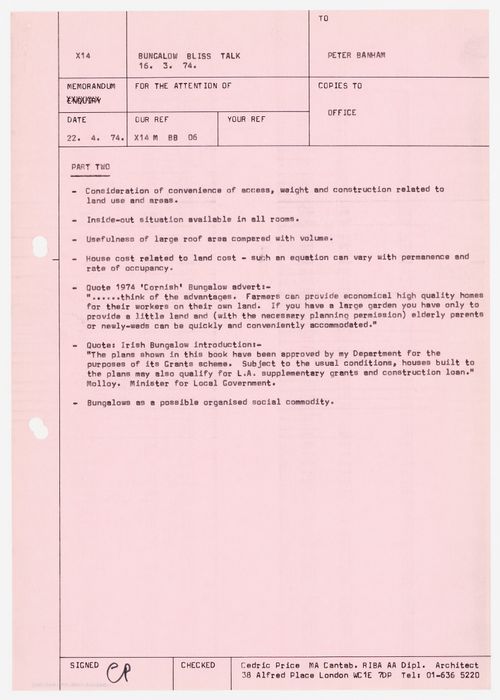 Memorandum to Peter Banham summarizing Part 2 of the "Bungalow Bliss Talk" presented March 16, 1974