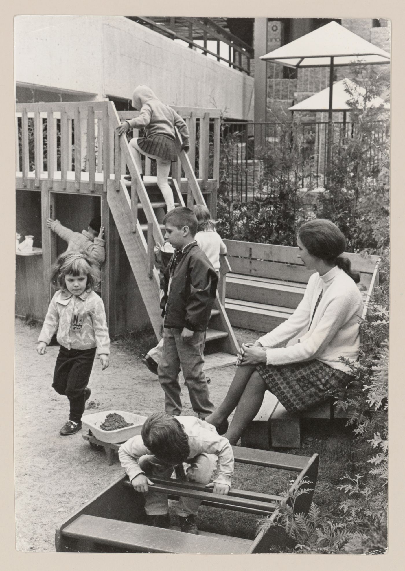 View of play house in nursery area of Children's Creative Centre Playground, Canadian Federal Pavilion, Expo '67, Montréal, Québec