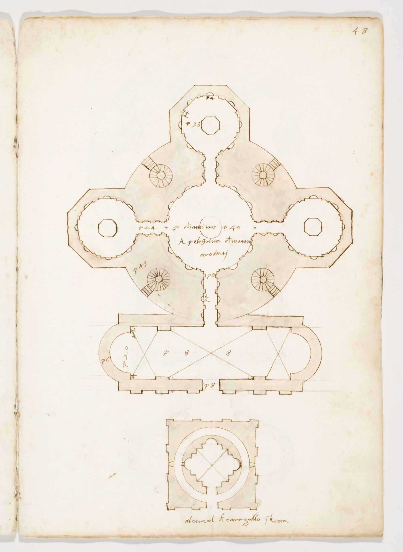 Plan of an unidentified building in Palestrina, Lazio ; bottom: Plan of the sepulchral monument of the Servilii on the Via Appia, Rome