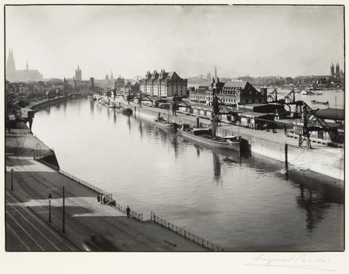 View of harbor with boats on Rhine, Cologne, Germany