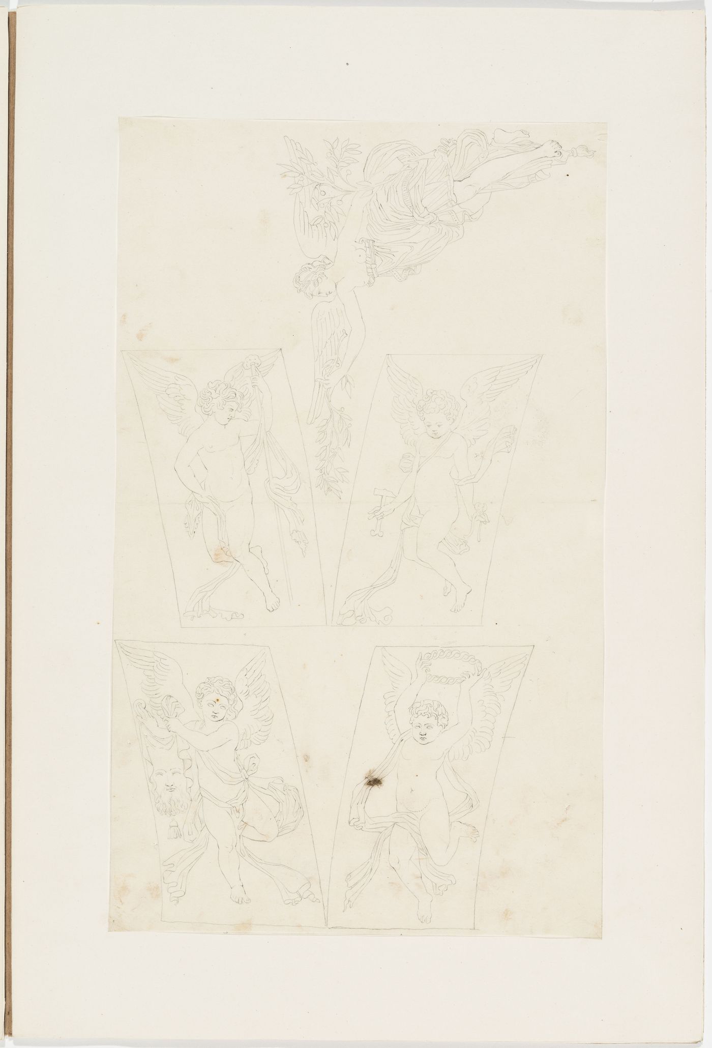Four drawings of putti holding instruments related to martyrdom, and one winged female figure holding branches, probably a Victory