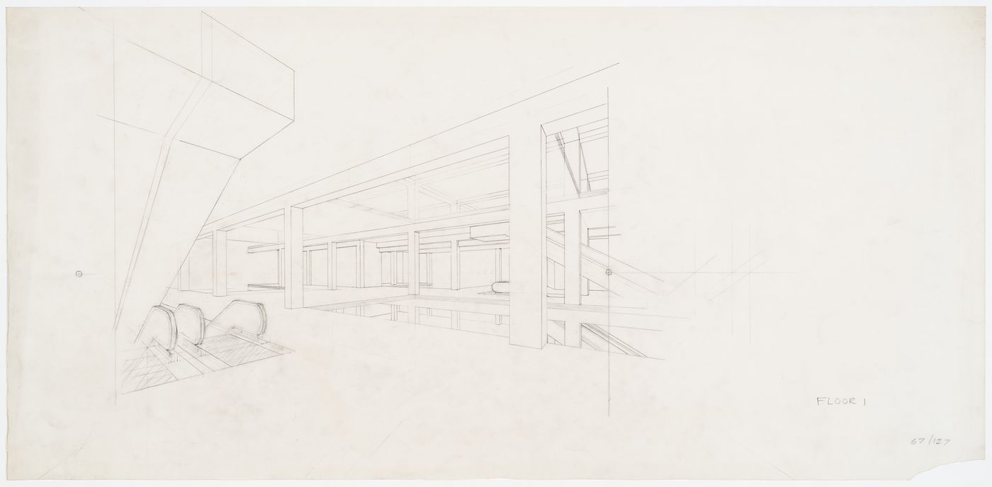 Perspective drawing for first floor of Oxford Corner House, London, England