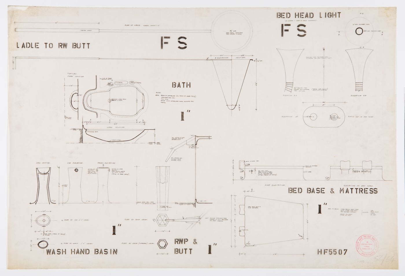 Plans, sections, elevations and details for the bathtub, downspout, rain butt, washbowl, bed lamps and bed, House of the Future, Daily Mail Ideal Homes Exhibition, London, England