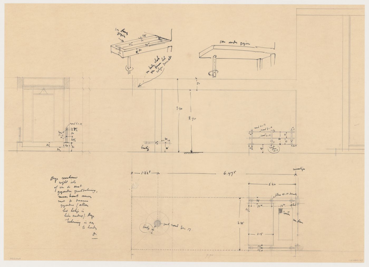 Elevation, plan, and sketch perspectives for a portico for Johnson House, Pinehurst, North Carolina