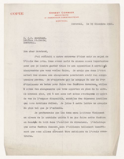 Lettre d'Ernest Cormier à J.O. Marchand