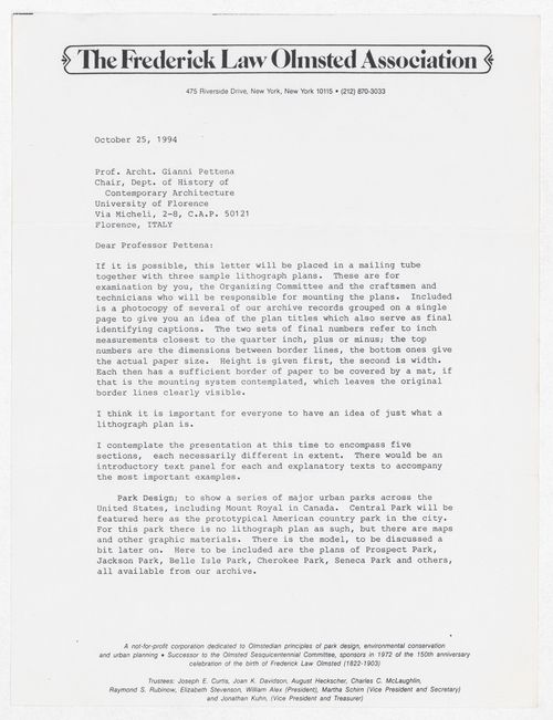 Correspondence with The Frederick Law Olmsted Association for the exhibition Olmsted: L'origine del parco urbano e del parco naturale contemporaneo
