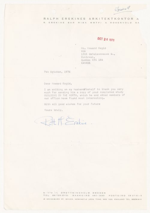 Letter from R. H. Erskines to Howard Magid for Building in the North & Mackenzie Pipeline