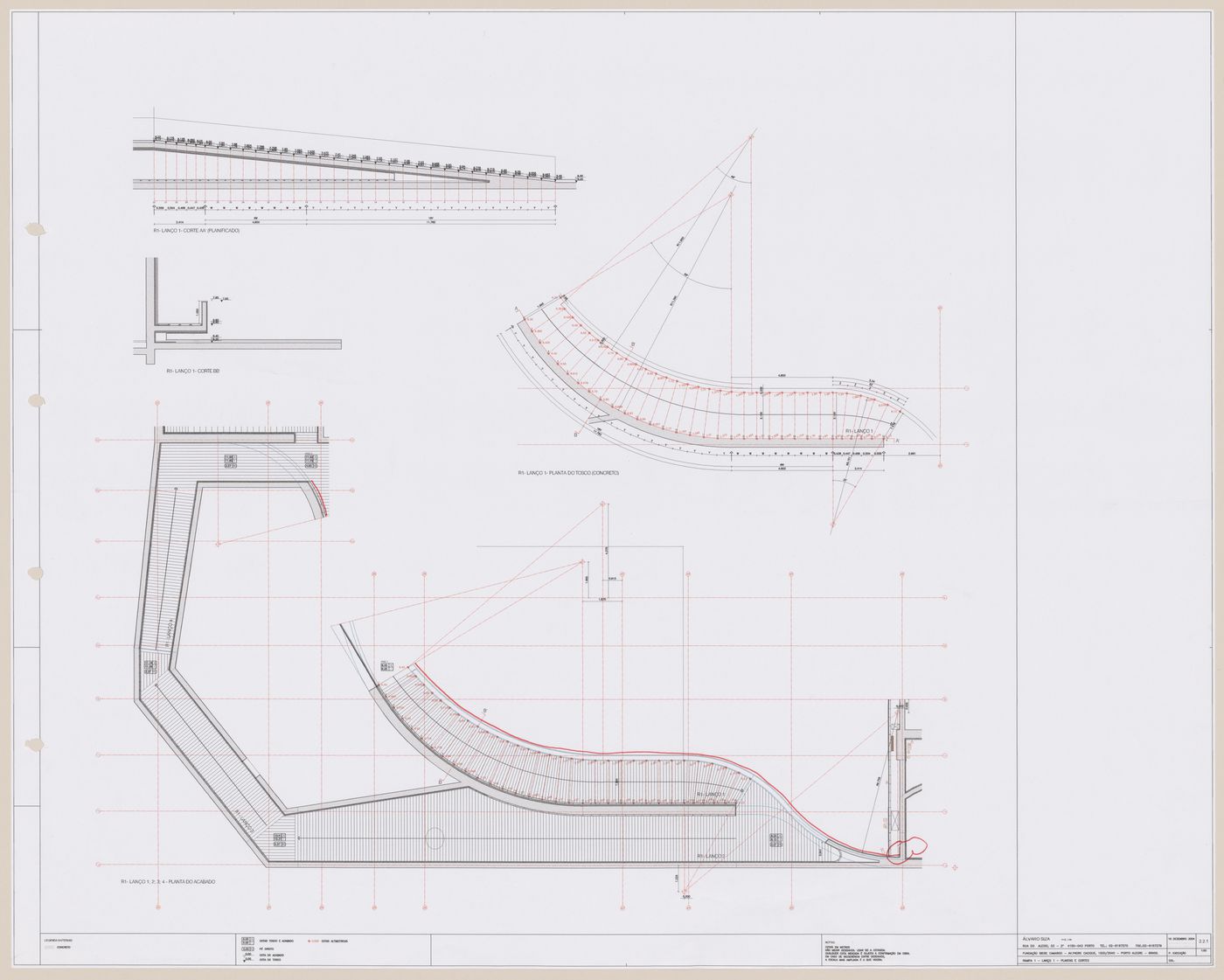 Plan for ramp 1 with section and detail for C. Cultural e Audit. para a Fundação Iberê  Camargo [Iberê  Camargo Foundation Museum], Porto Alegre, Brazil