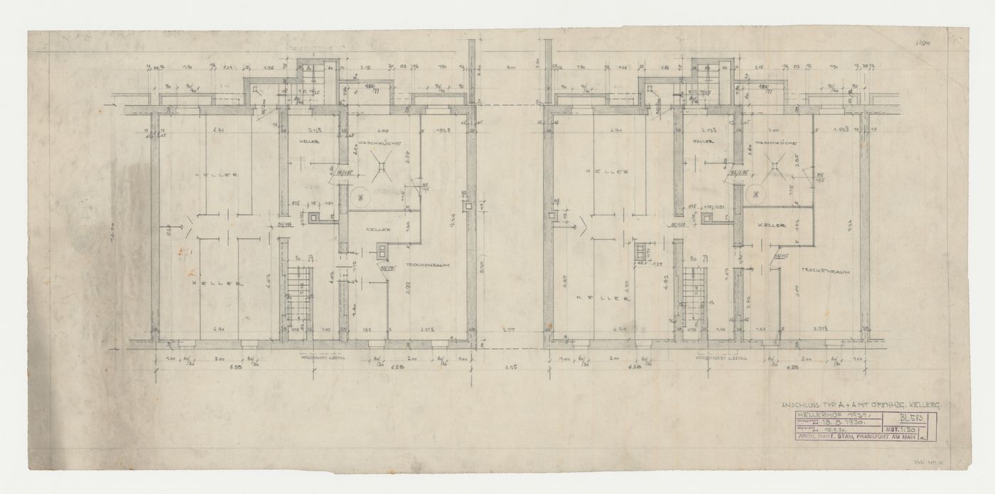 Basement plans for a type A annex and a type A annex with oven heating, Hellerhof Housing Estate, Frankfurt am Main, Germany