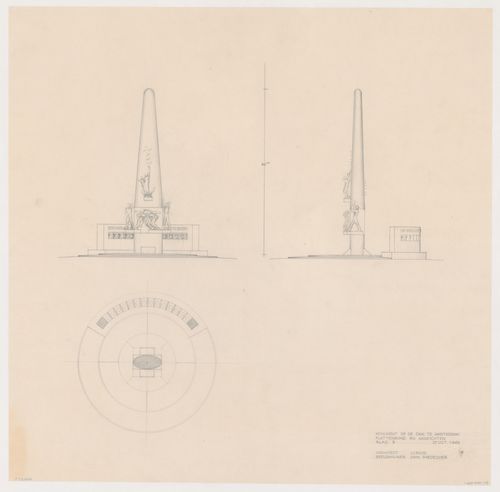 Elevations and plan for the National Monument showing sculptures by Johannes Anton Rädecker and Johan Rädecker, Dam Square, Amsterdam, Netherlands