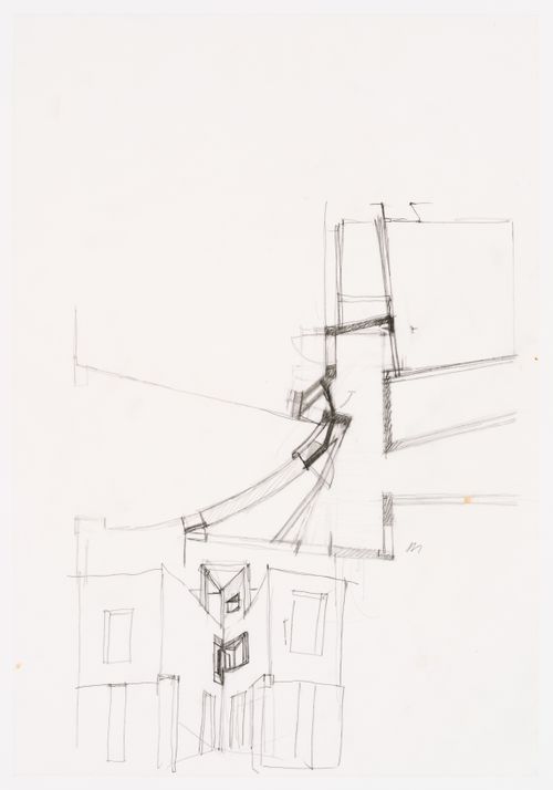 Preliminary plan of first floor; perspective from courtyard for Casa Miggiano, Otranto, Italy