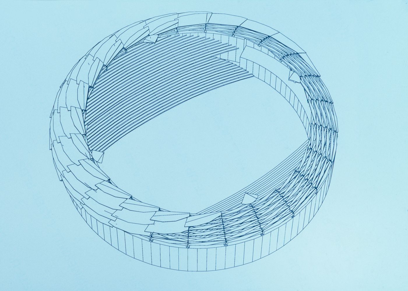 Cutaway of an iris-type retractable roof, fully open