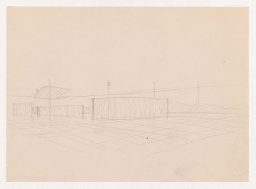 Interior perspective sketch for Museum for a Small City showing the auditorium with suspended ceiling