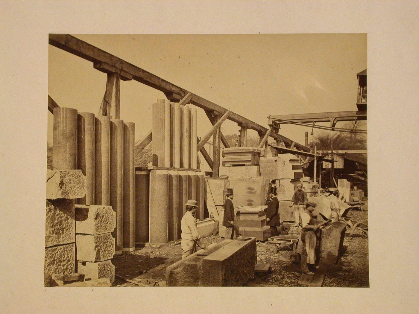 View of the Albert Memorial construction site showing a storage area for granite slabs, Hyde Park, London, England