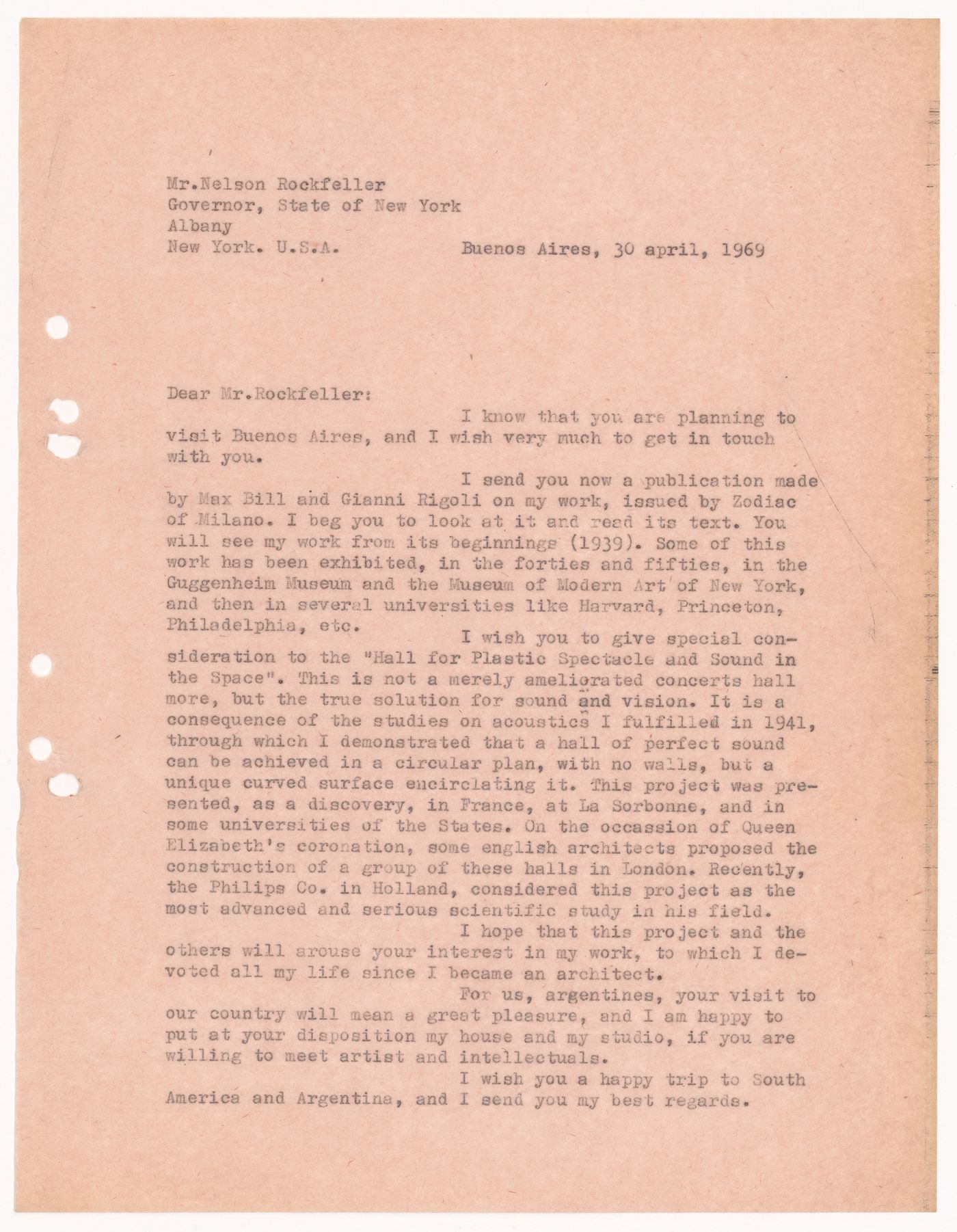 Correspondence, letter to Nelson Rockefeller from Amancio Williams
