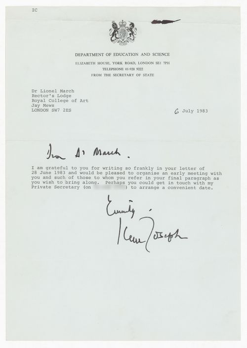 Correspondence from Keith Joseph to Lionel March regarding resignation from Royal College of Art, London