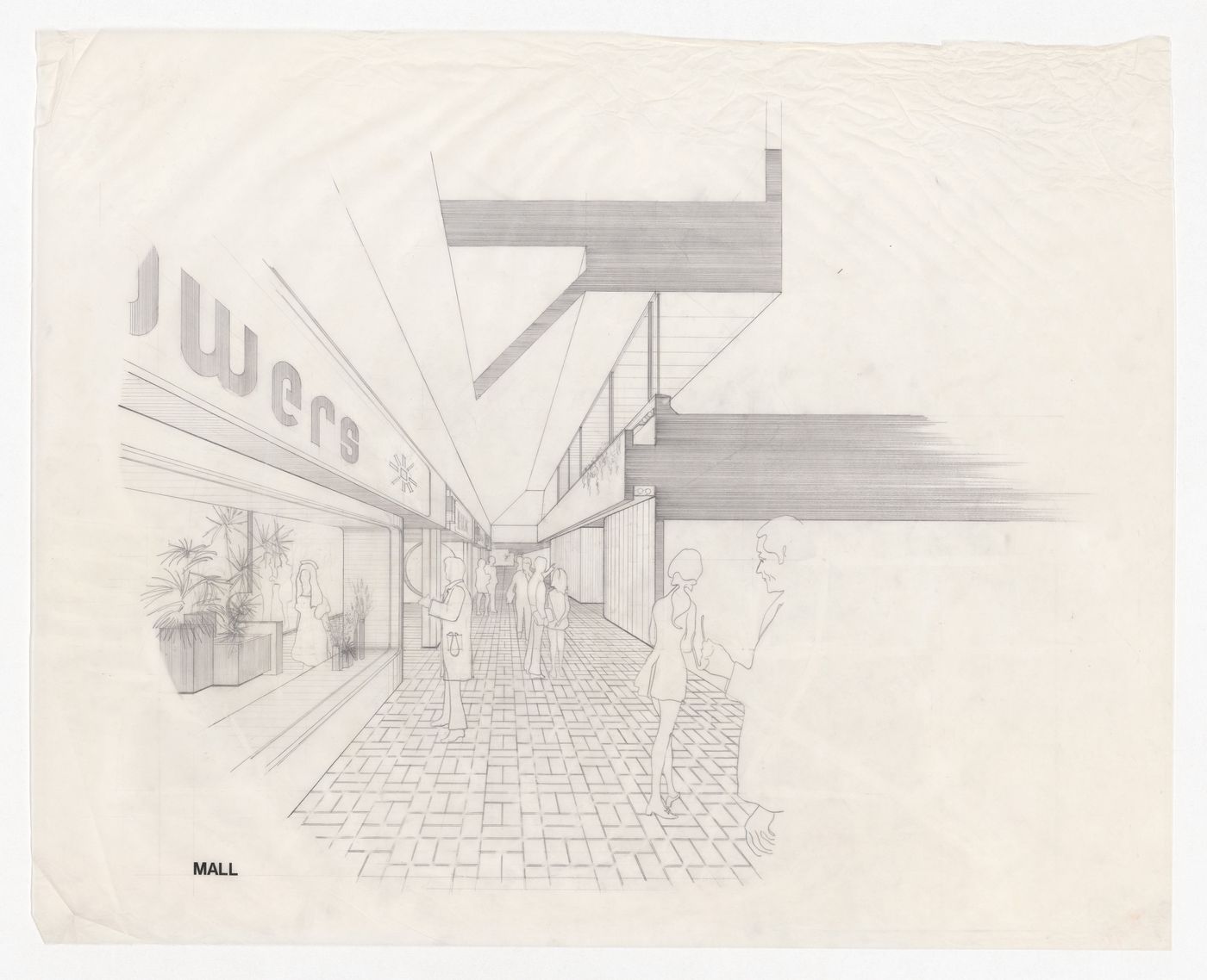 Sketch presentation perspective for the mall of the Memorial University of Newfoundland, Health Sciences Complex, St. Johns, Newfoundland