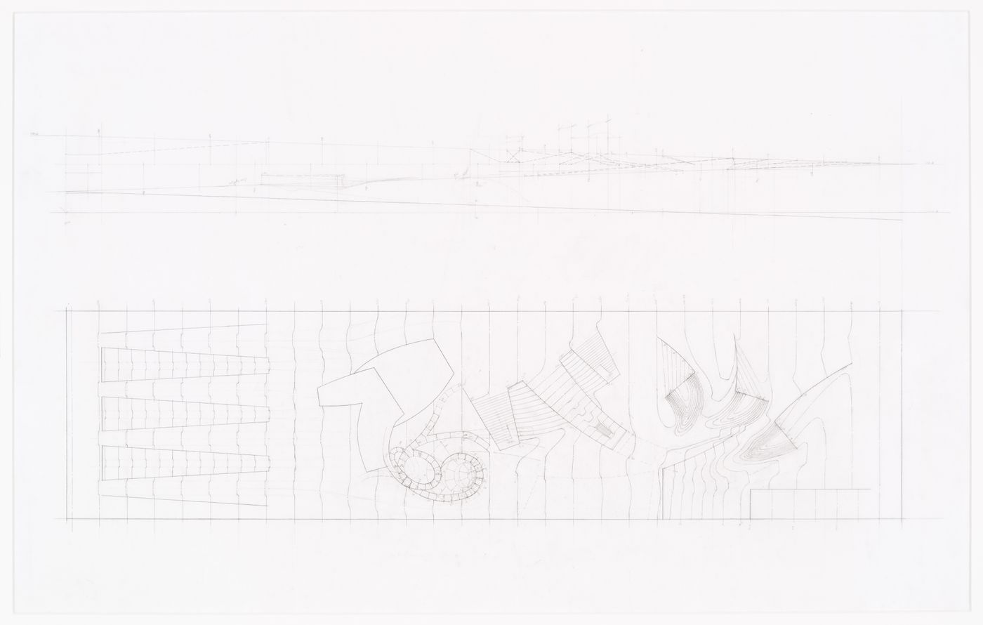 Topographical plan and section of level 2: general reference reading room,asian documentary and information center, scale 1:500, Kansai-Kan of the National Diet Library, Seika, Japan