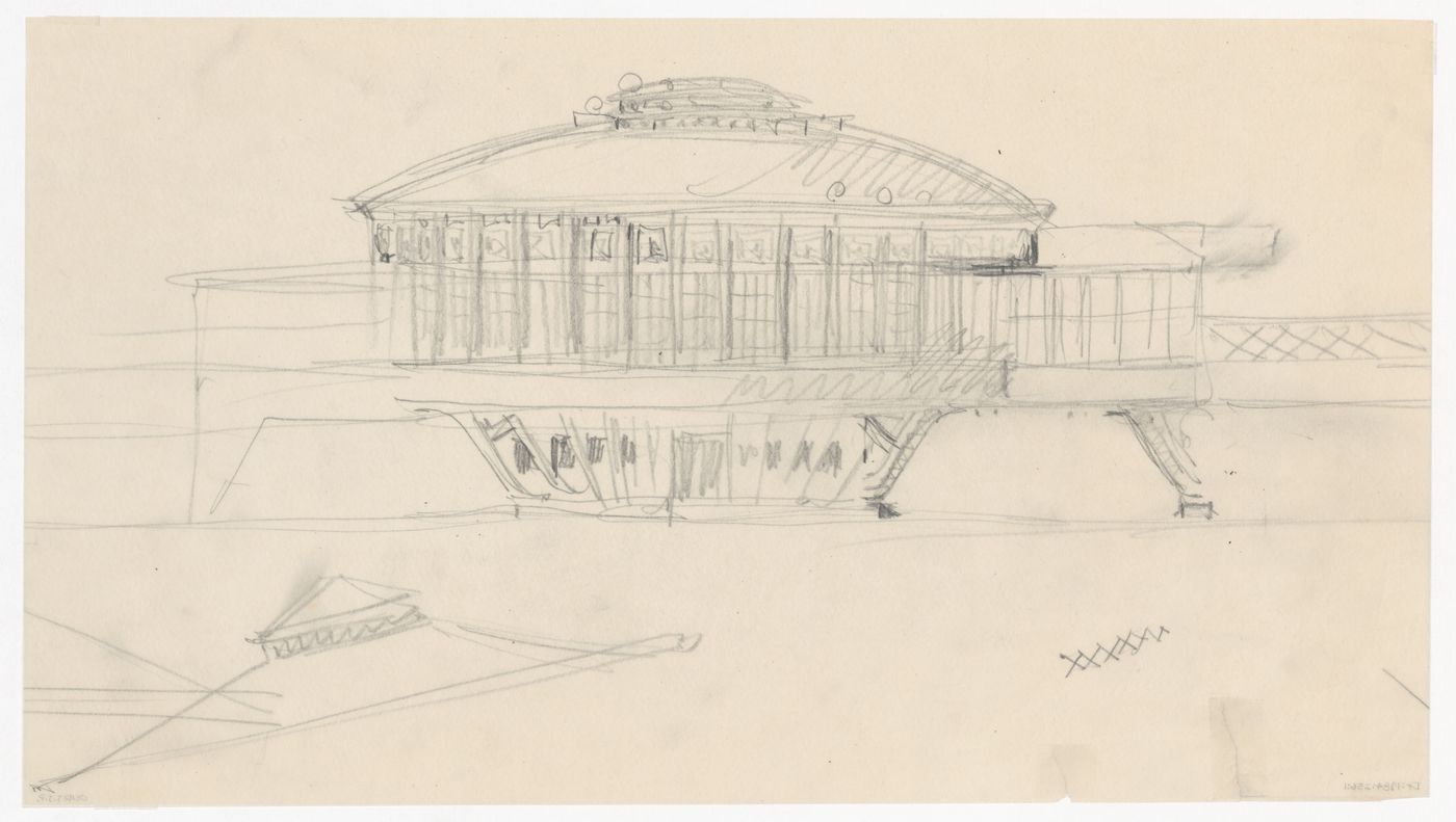 Sketch elevation and sketch roof elevation for Café Viaduct for the reconstruction of the Hofplein (city centre), Rotterdam, Netherlands