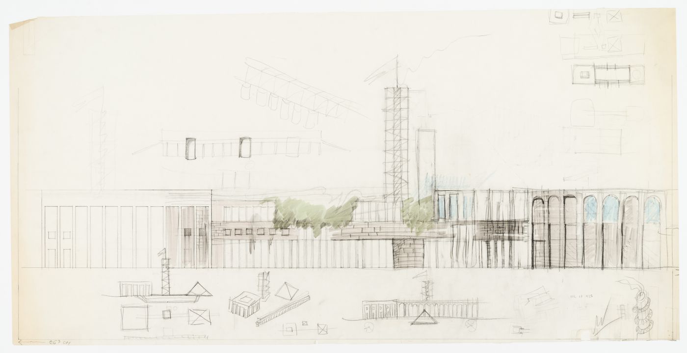 Competition for the town hall, Scandicci, Italy: elevation and sketches