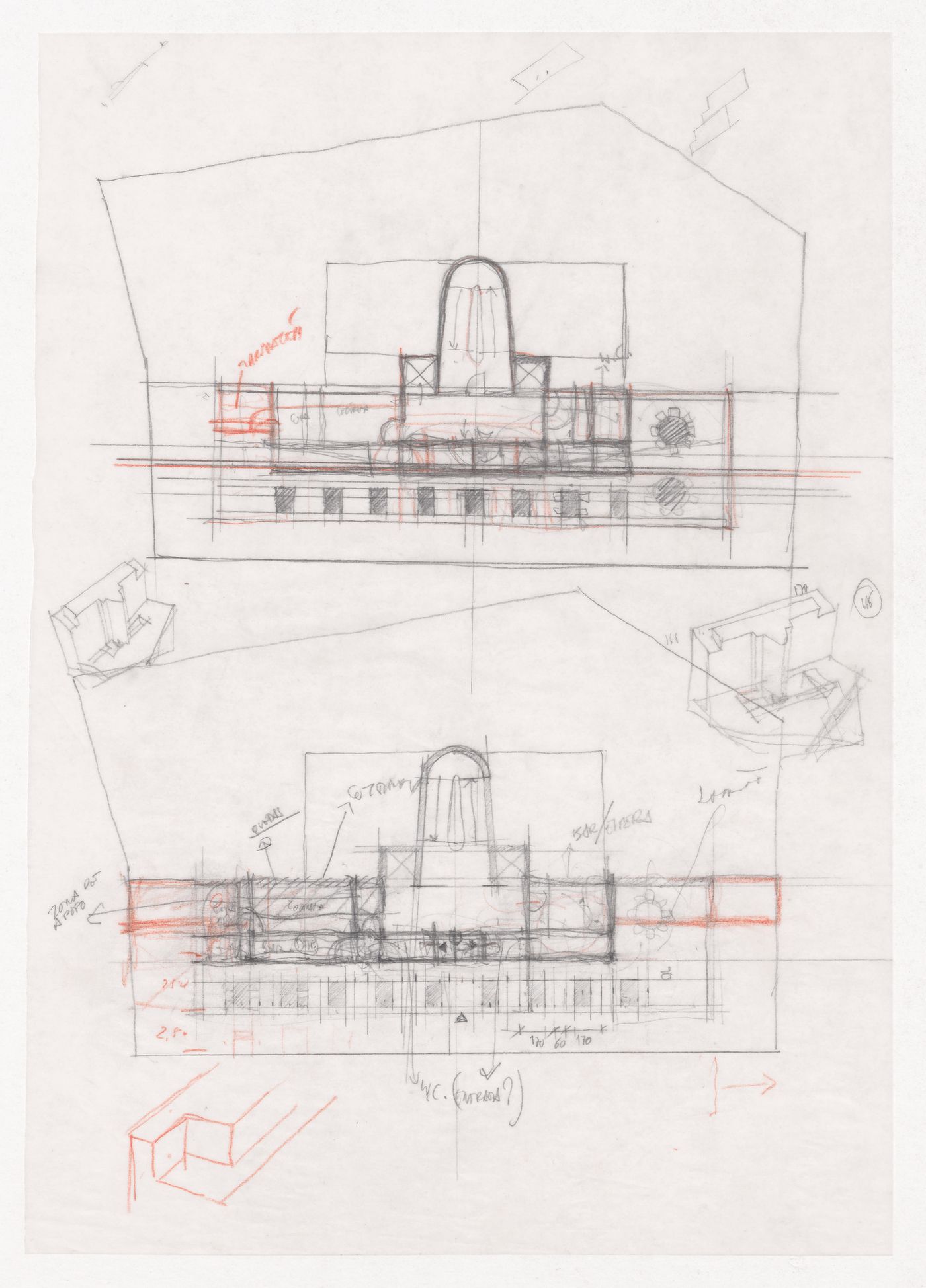 Sketch plans, details, and axonometric views for Edifício de Escritórios Ferreira de Castro, Hotel, Oliveira de Azeméis, Portugal