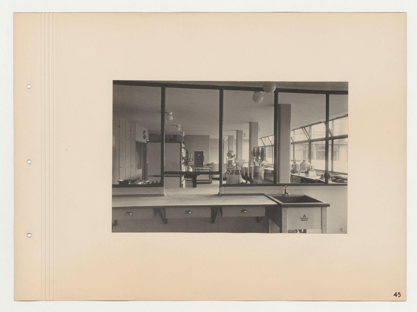 Interior view of the ground floor kitchen through a glass partition, Budge Foundation Old People's Home, Frankfurt am Main, Germany