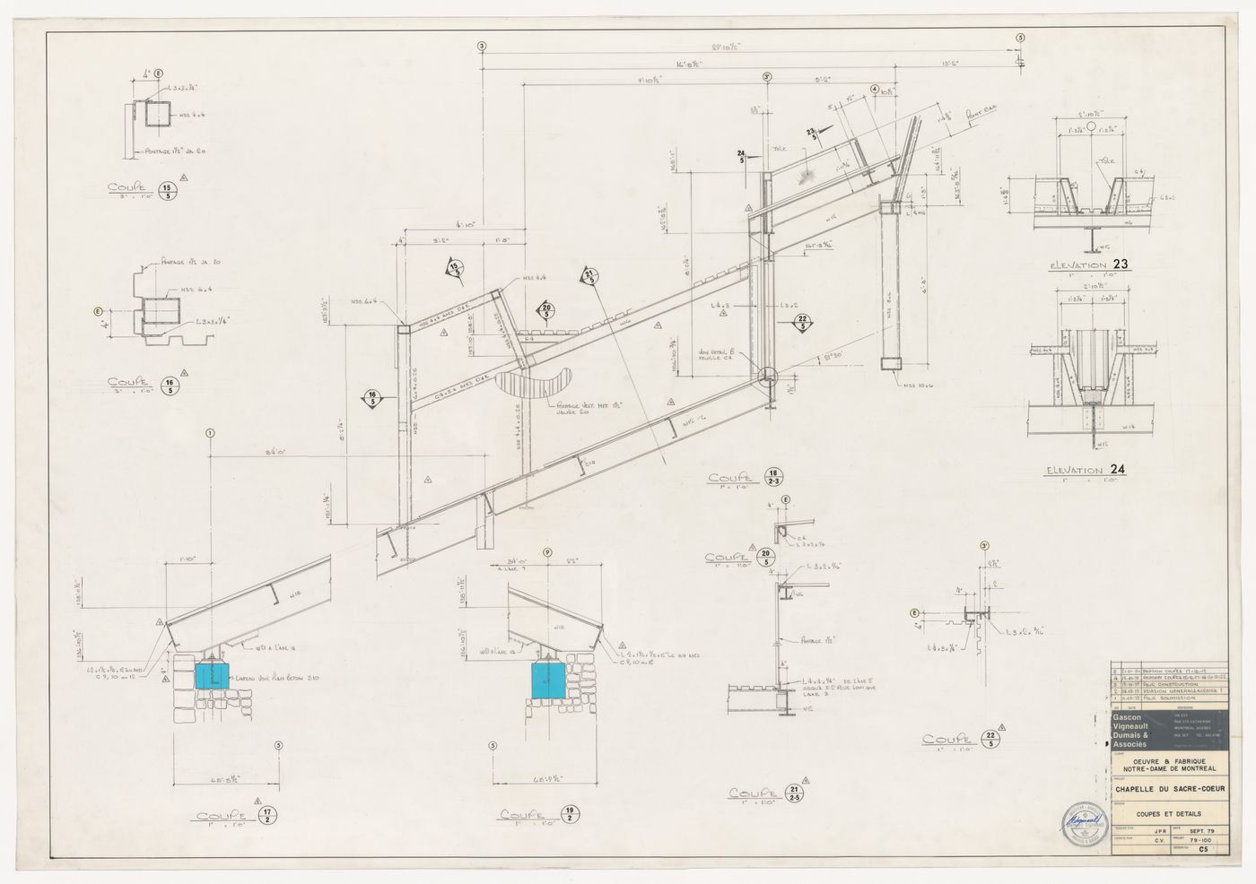 Elevations and sections for construction details for the reconstruction of the Chapelle du Sacré-Coeur, Notre-Dame de Montréal