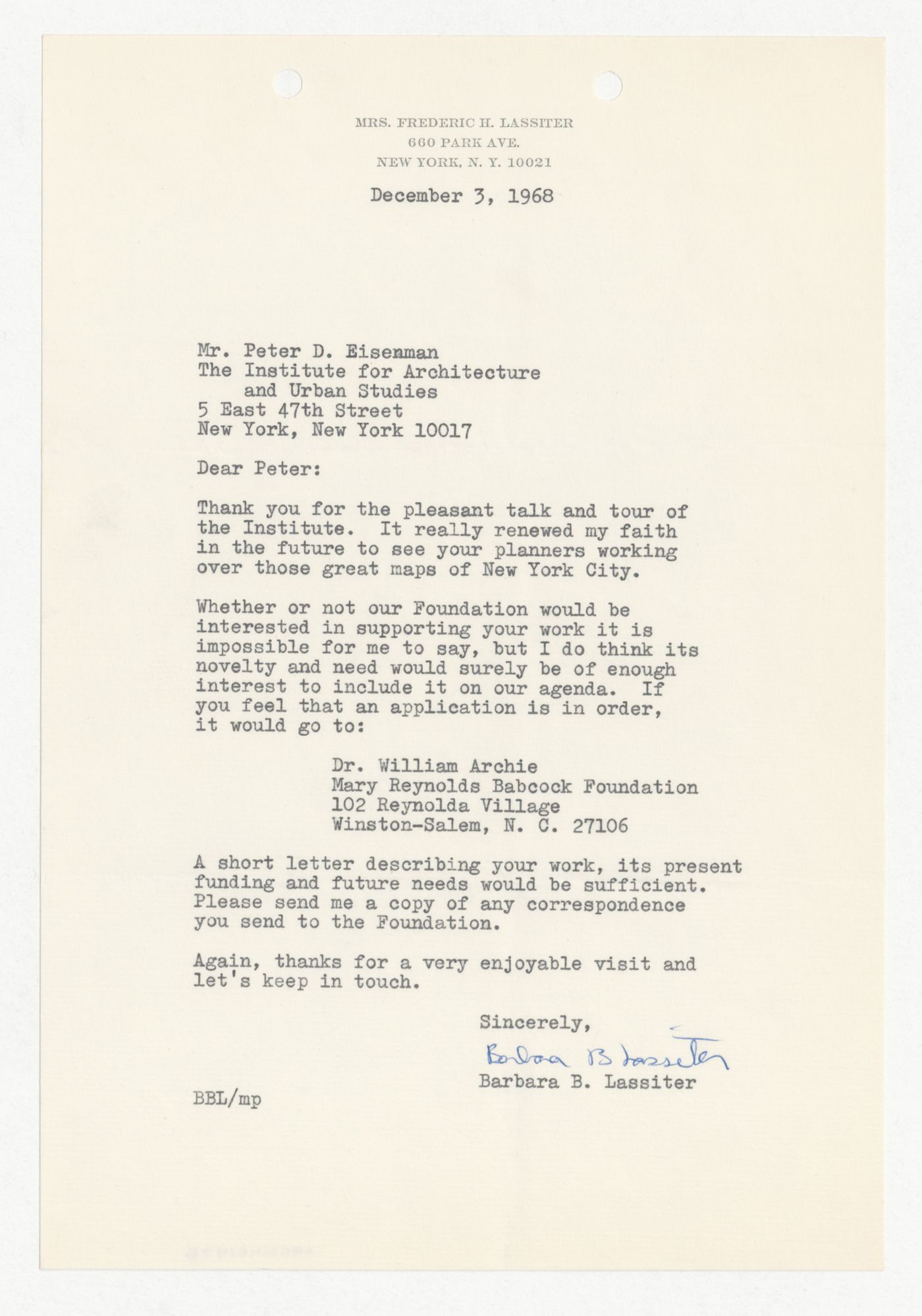 Letter from Barbara B. Lassiter to Peter D. Eisenman about funding from the Mary Reynolds Babcock Foundation
