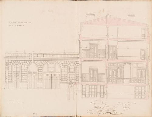 Contract drawing for a house for Madame la comtesse de Lubersac, 95 rue de la Pépinière, Paris: Longitudinal section through the courtyard