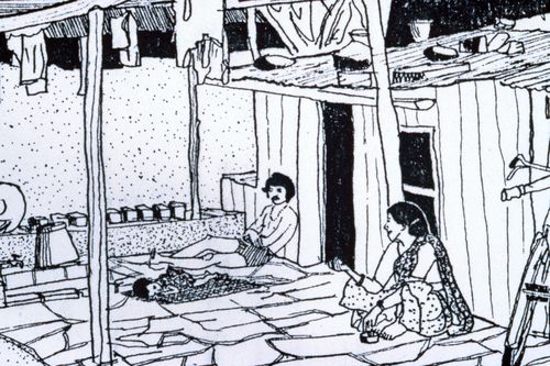 Illustration of family using house outdoor space for the Human Settlement Training Package "Package 1: Planning guidelines"