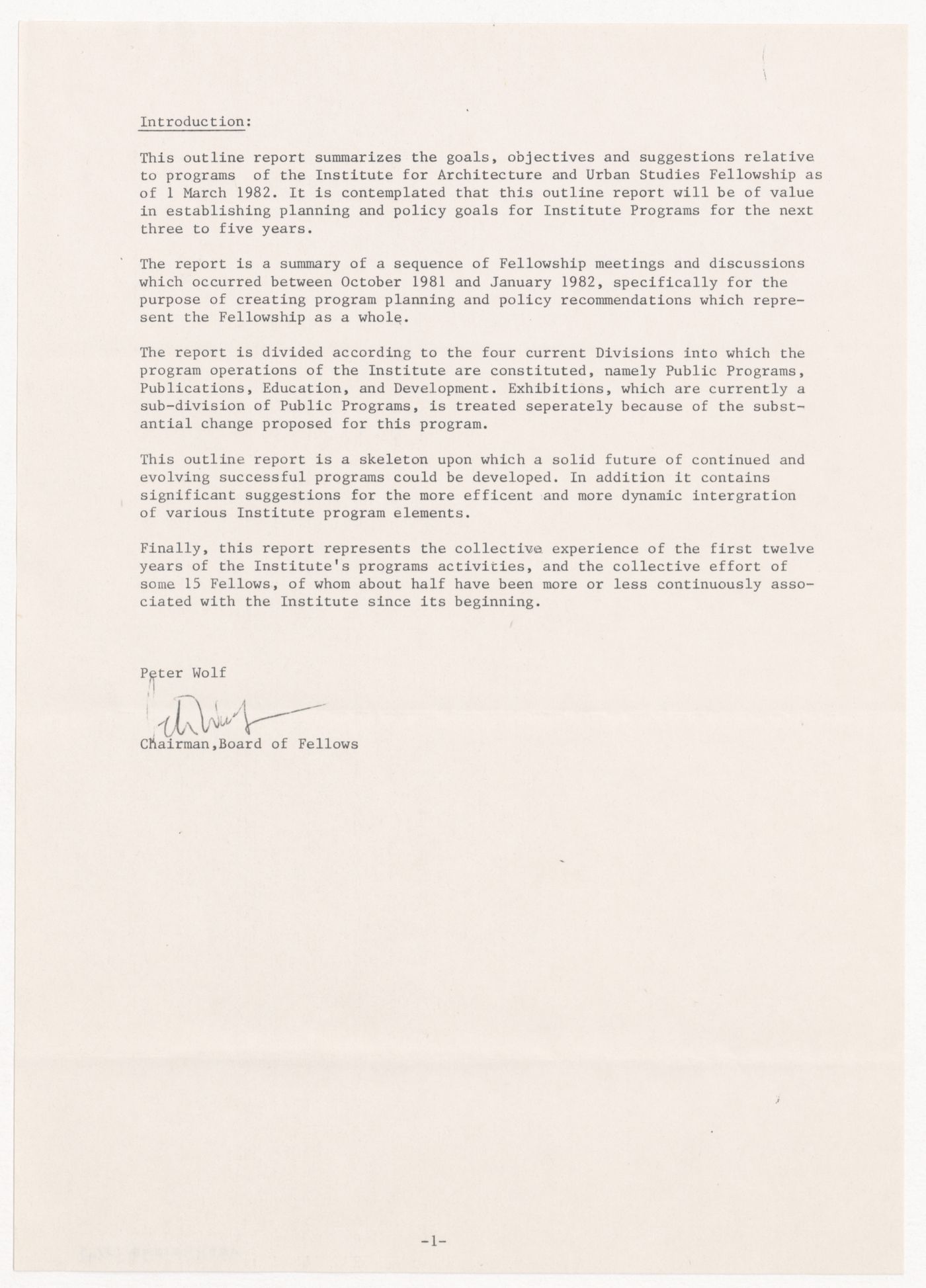 Memorandum from Peter Wolf to the Board of Trustees with attached Fellows Program recommendations 1982-1986