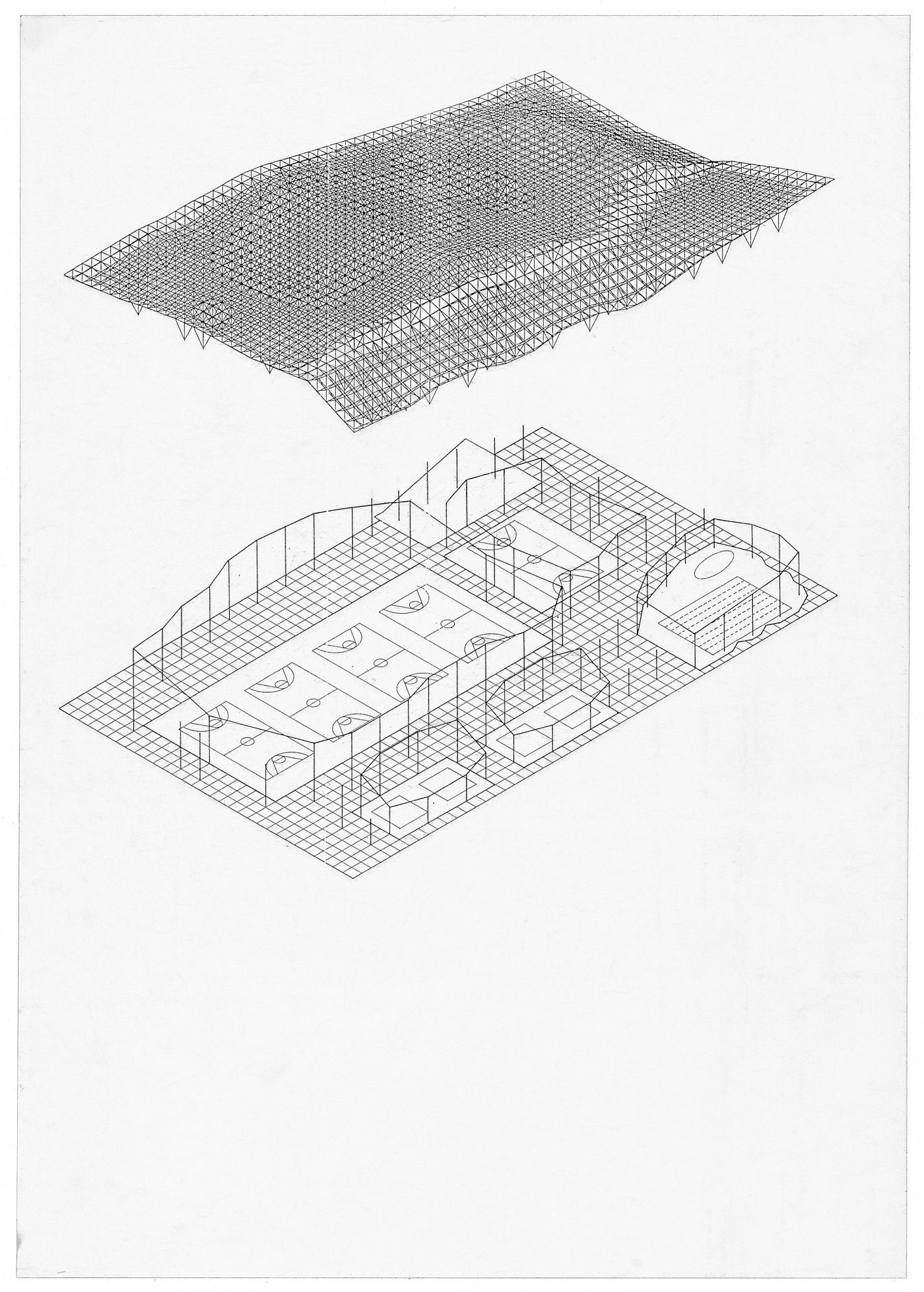 Exploded axonometric, Odawara Municipal Sports Complex, Odawara, Kanagawa, Japan