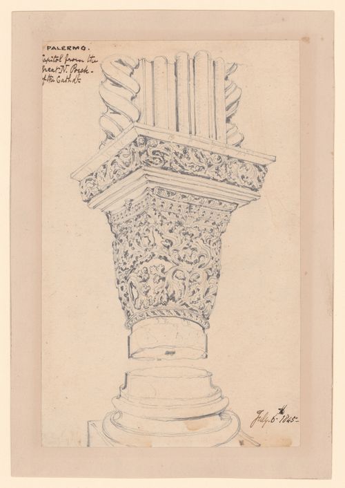 Details of the base, capital and entablature of a Corinthian column from the south porch, Palermo Cathedral, Italy