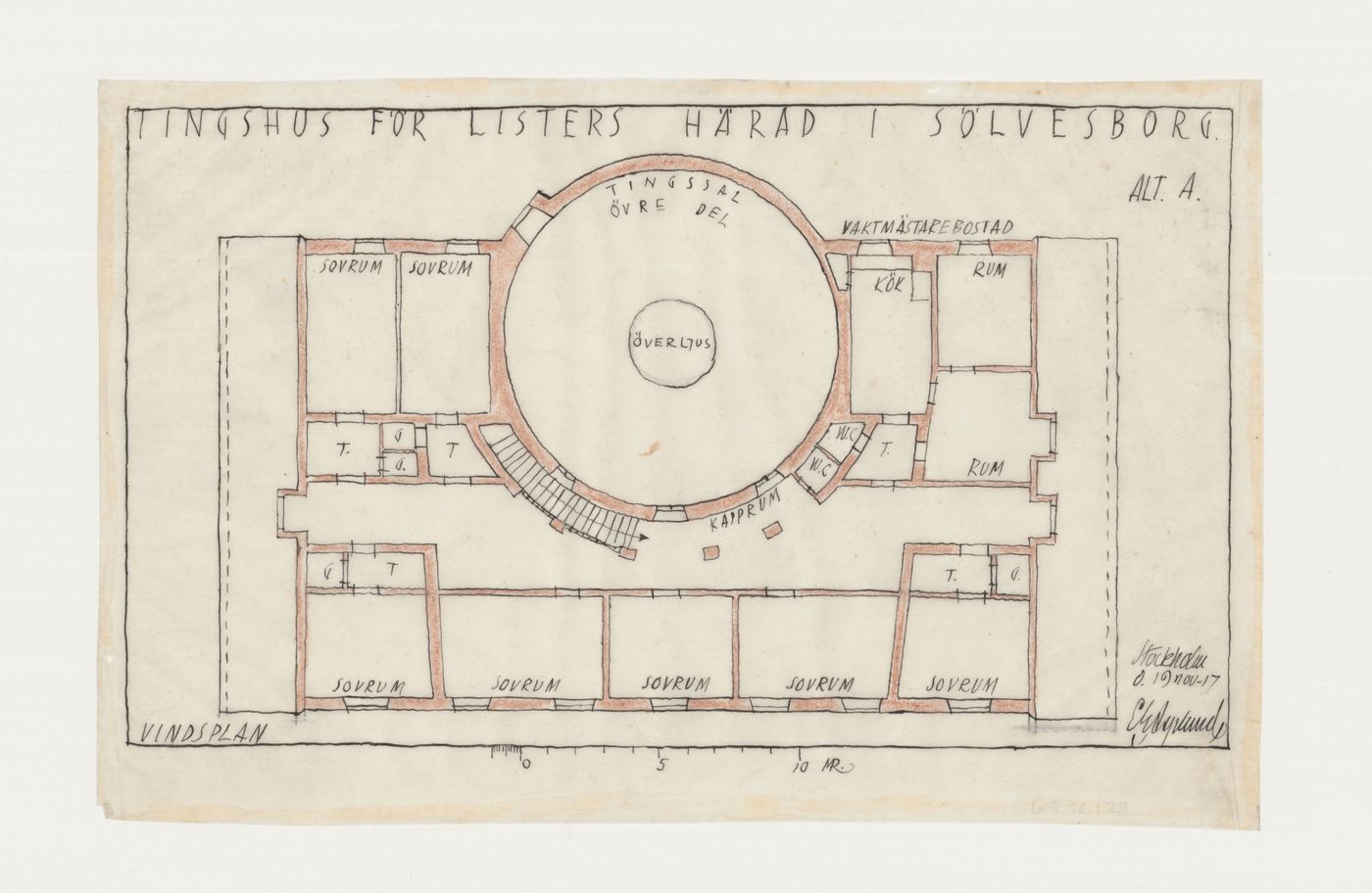 Second floor plan for Lister härads tingshus showing a circular courtroom, Sölvesborg, Sweden