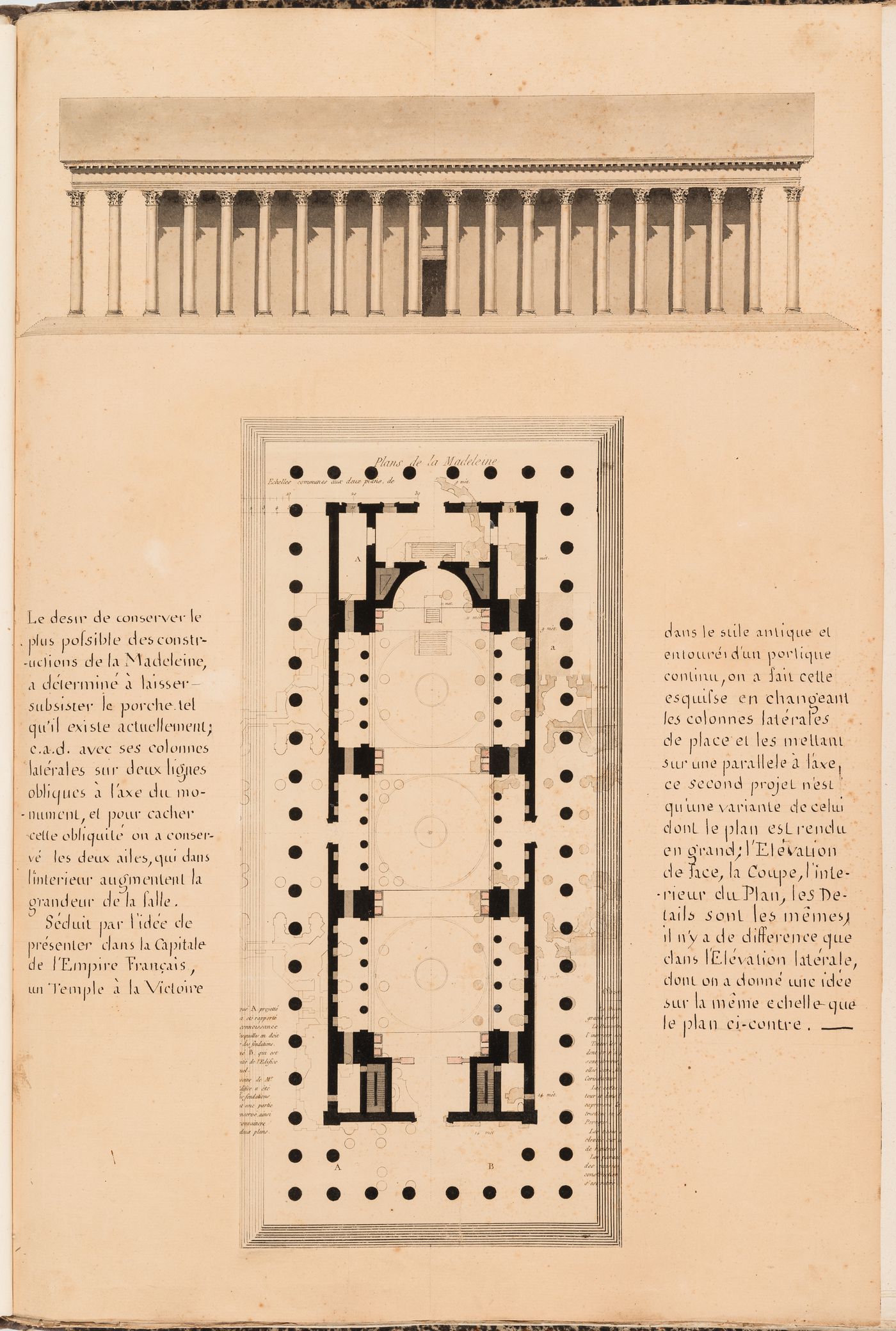 Project for the conversion of the Église de la Madeleine into a Temple de la Gloire, Paris: Elevation and plan