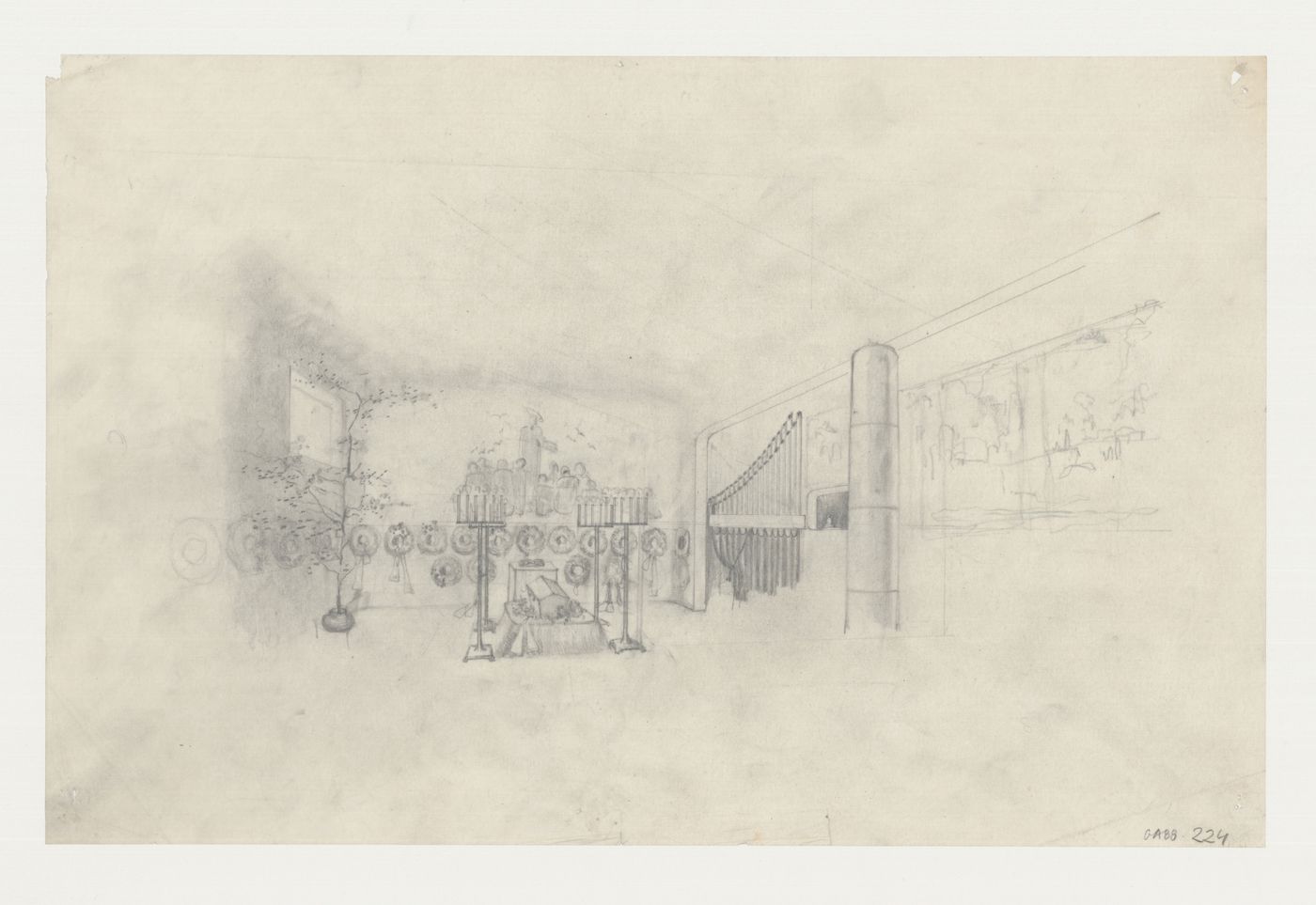 Interior sketch perspective for the Chapel of the Holy Cross showing a mural and a service underway, Woodland Crematorium, Woodland Cemetery, Stockholm, Sweden
