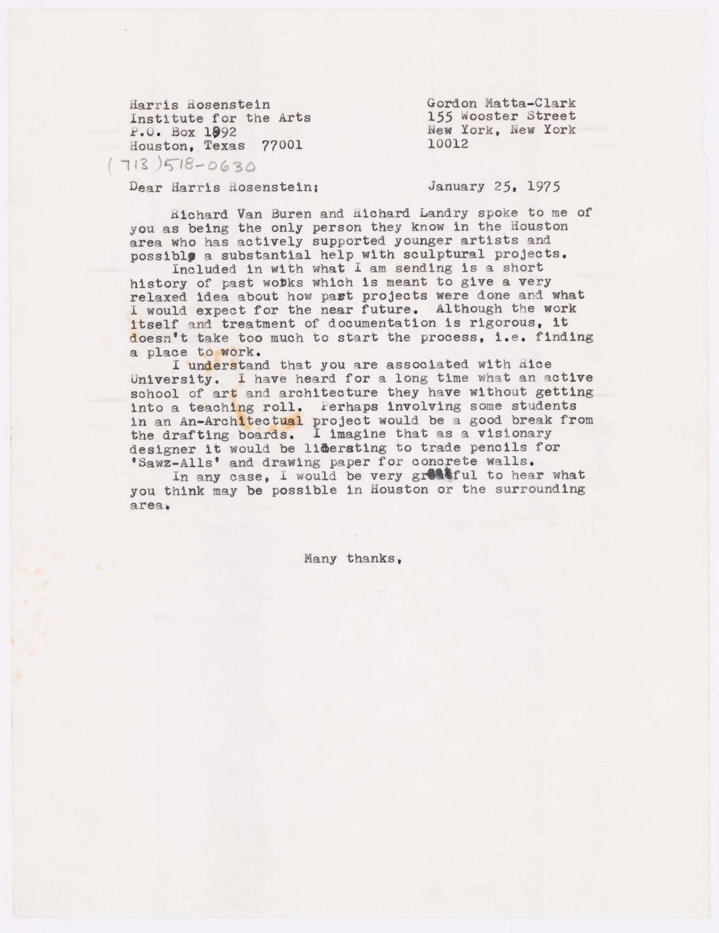 Letter from Gordon Matta-Clark to Harris Rosenstein