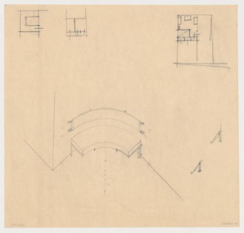 Axonometric and details for a built-in hall bench for Villa Allegonda, with partial sketch plans, probably for Villa Allegonda, Katwijk aan zee, Netherlands