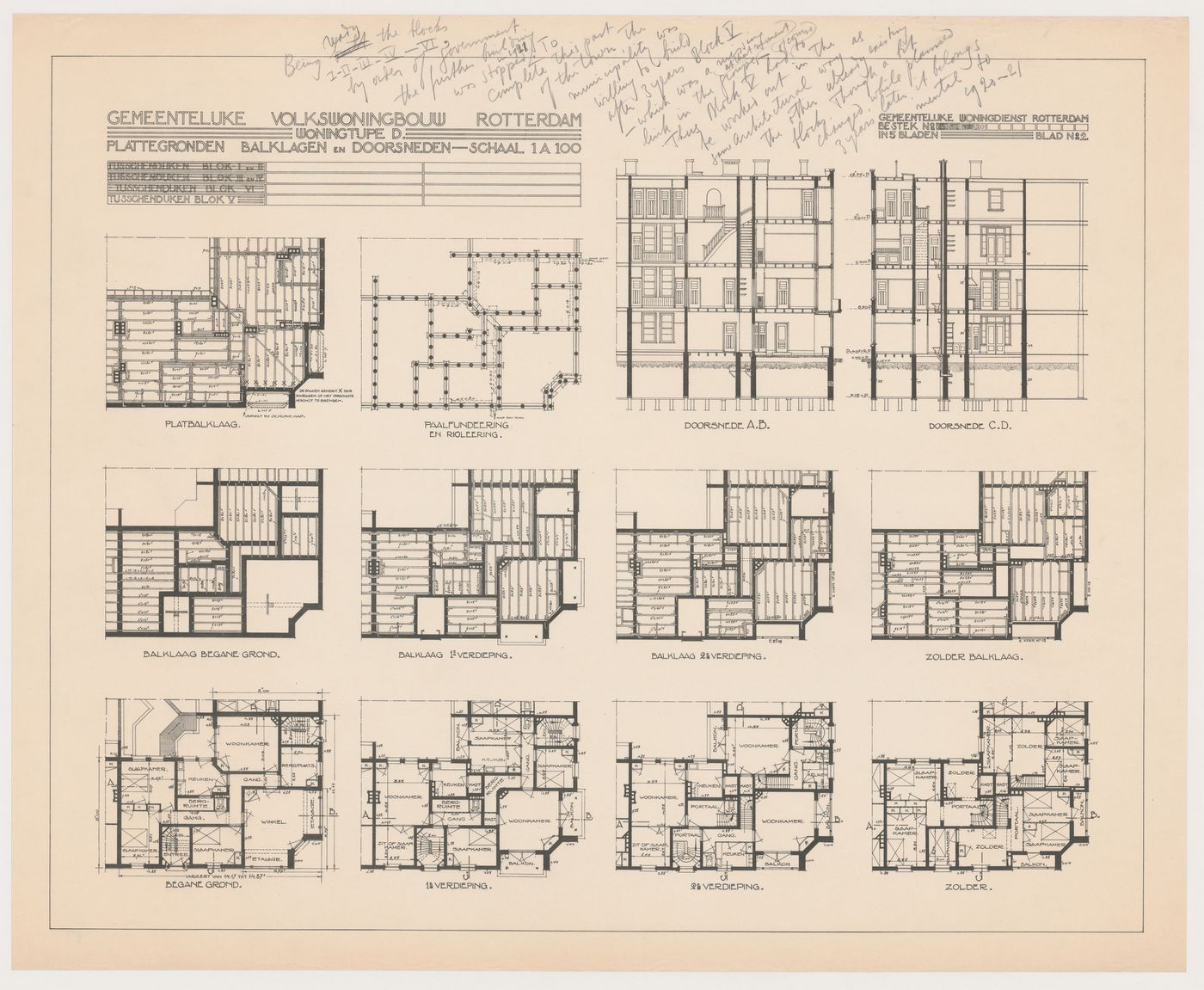 Floor, framing and piling plans and sections for Block 5, Tusschendijken Housing Estate, Rotterdam, Netherlands