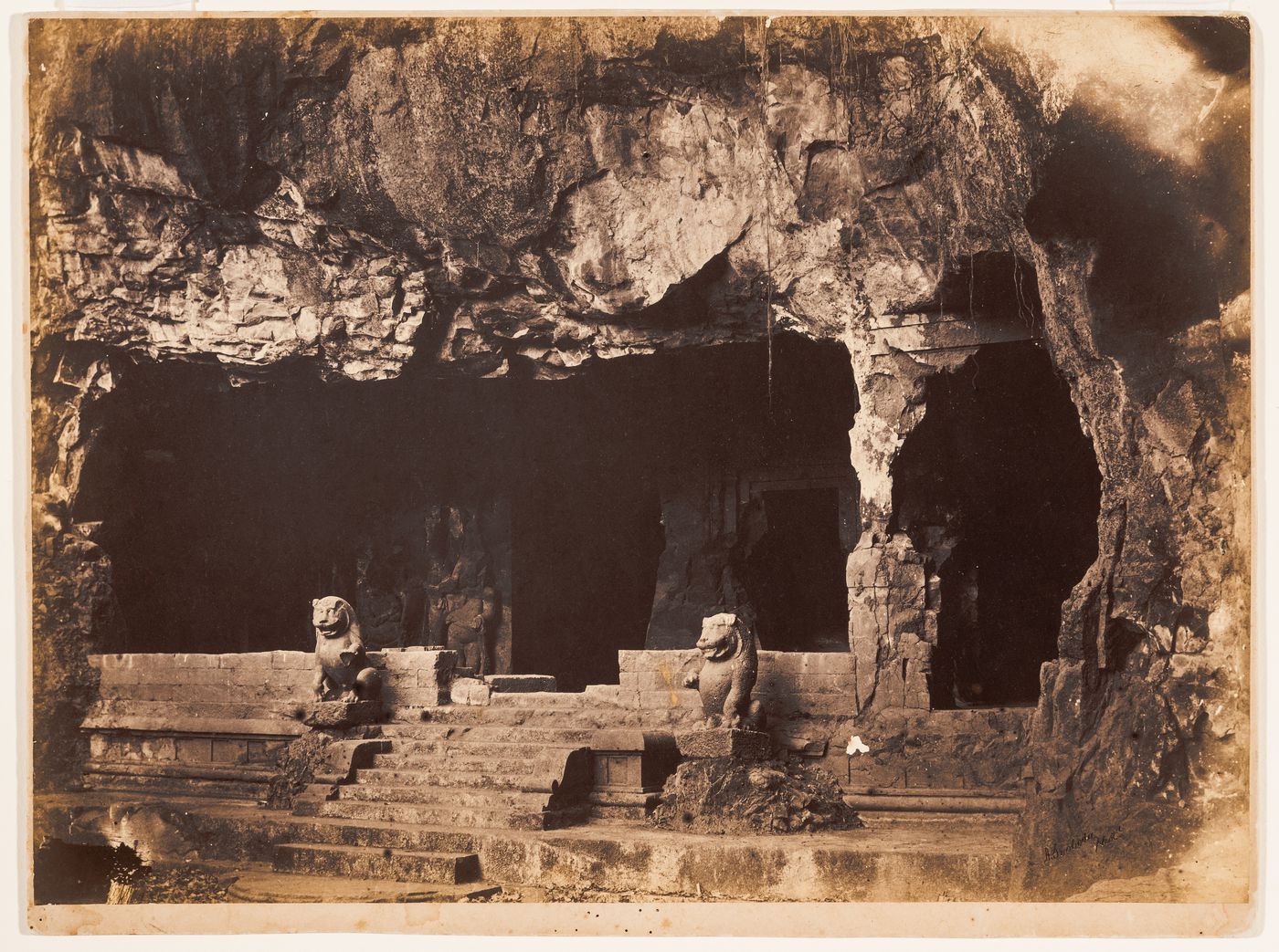 View of the façade and portico, Eastern Shrine, Cave No. 1 (also known as the Mahadeva Temple, the Shiva Cave and the Great Cave), Elephanta Caves, Elephanta Island, India