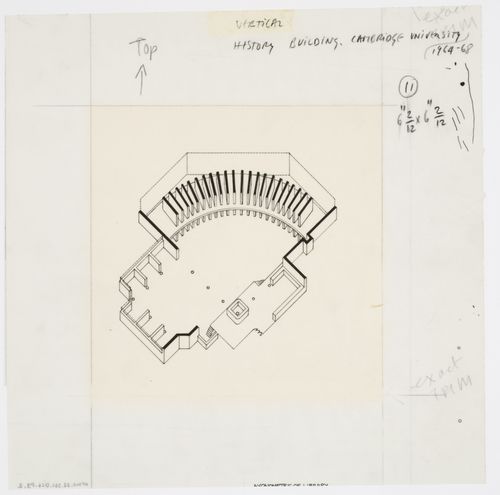 Cutaway axonometric for library and radial bookstacks, History Faculty Building, University of Cambridge, Cambridge, England