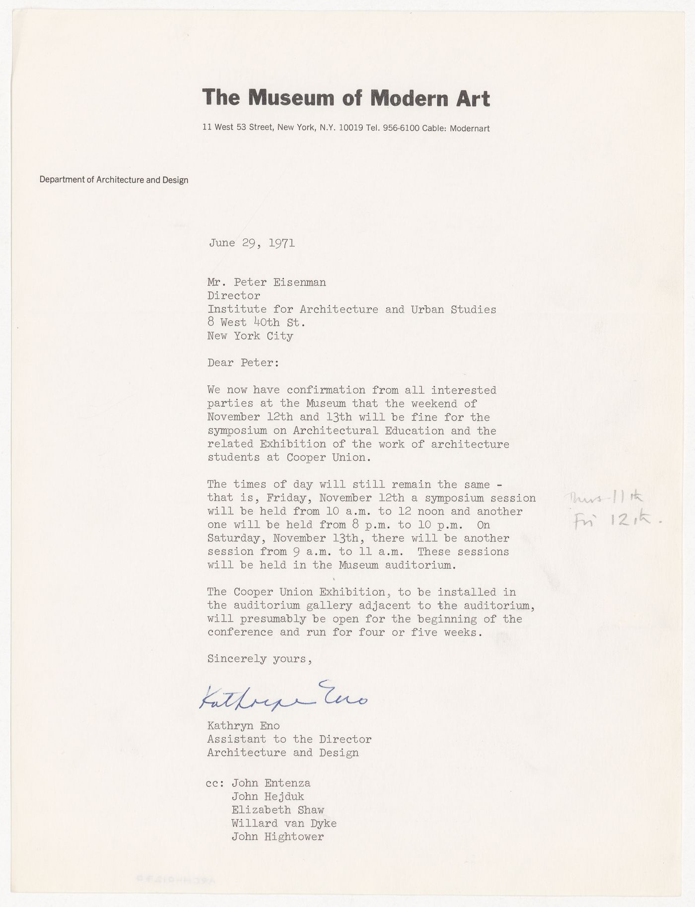 Letter from Kathryn Eno to Peter D. Eisenman about schedule for a symposium at The Museum of Modern Art (MOMA)