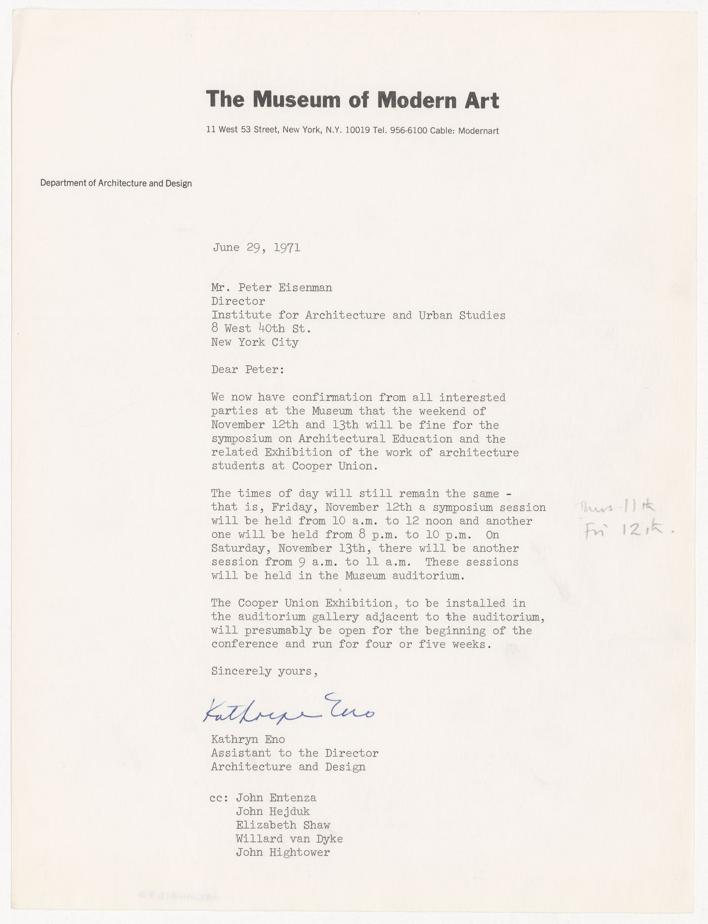 Letter from Kathryn Eno to Peter D. Eisenman about schedule for a symposium at The Museum of Modern Art (MOMA)