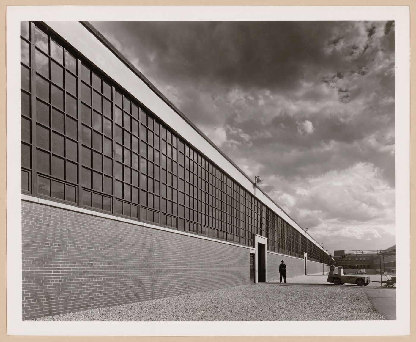 View of the principal [?] façade of the Automobile Assembly Building (also known as Building No. 4), Dodge Chicago Plant, Chrysler Corporation Dodge division, Chicago, Illinois