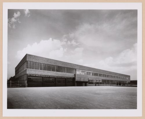 View of the principal façade of the Assembly [?] Building, Half-Ton Truck Plant, Chrysler Corporation Dodge division, Mound  and Eight Mile Roads, Detroit, Michigan