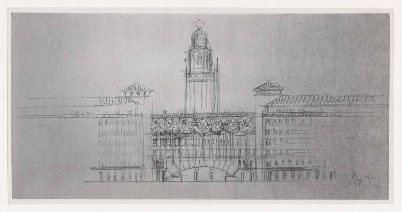 Photograph of a sketch elevation for the reconstruction of the Hofplein (city centre), Rotterdam, Netherlands