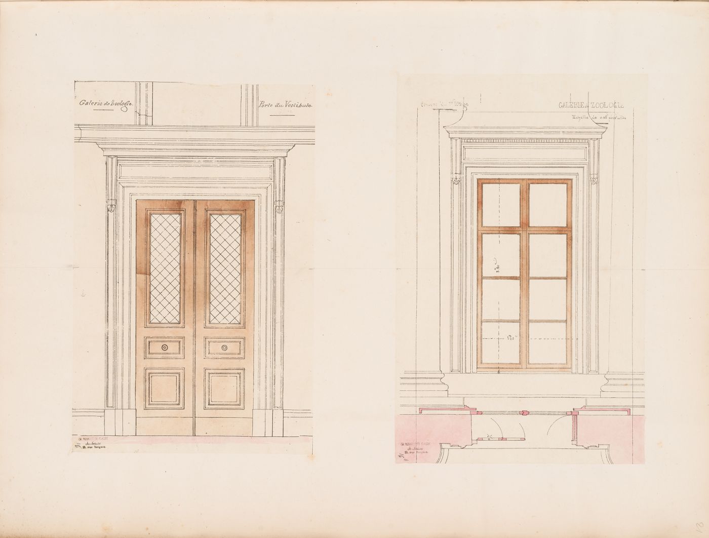 Project for a Galerie de zoologie, 1846: Elevation for the vestibule door and elevation and plan for the vestibule windows