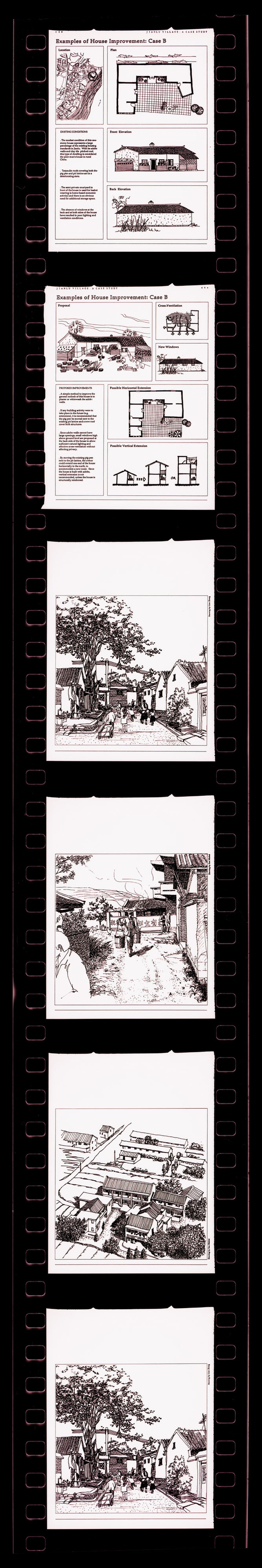 Negative strip of illustrations for the publication "Housing a Billion: Village Upgrading: Jianlu, China" publication