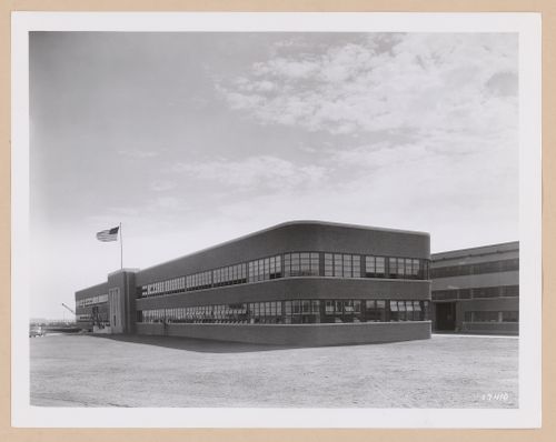 View of the north and east façades of the School with the Manufacturing Building in the background, Ford Motor Company Willow Run Bomber Assembly Plant, Willow Run, Michigan